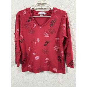 Fresh Produce Shirt Womens Medium Red Floral‎ Cotton 3/4 Sleeve V Neck Top